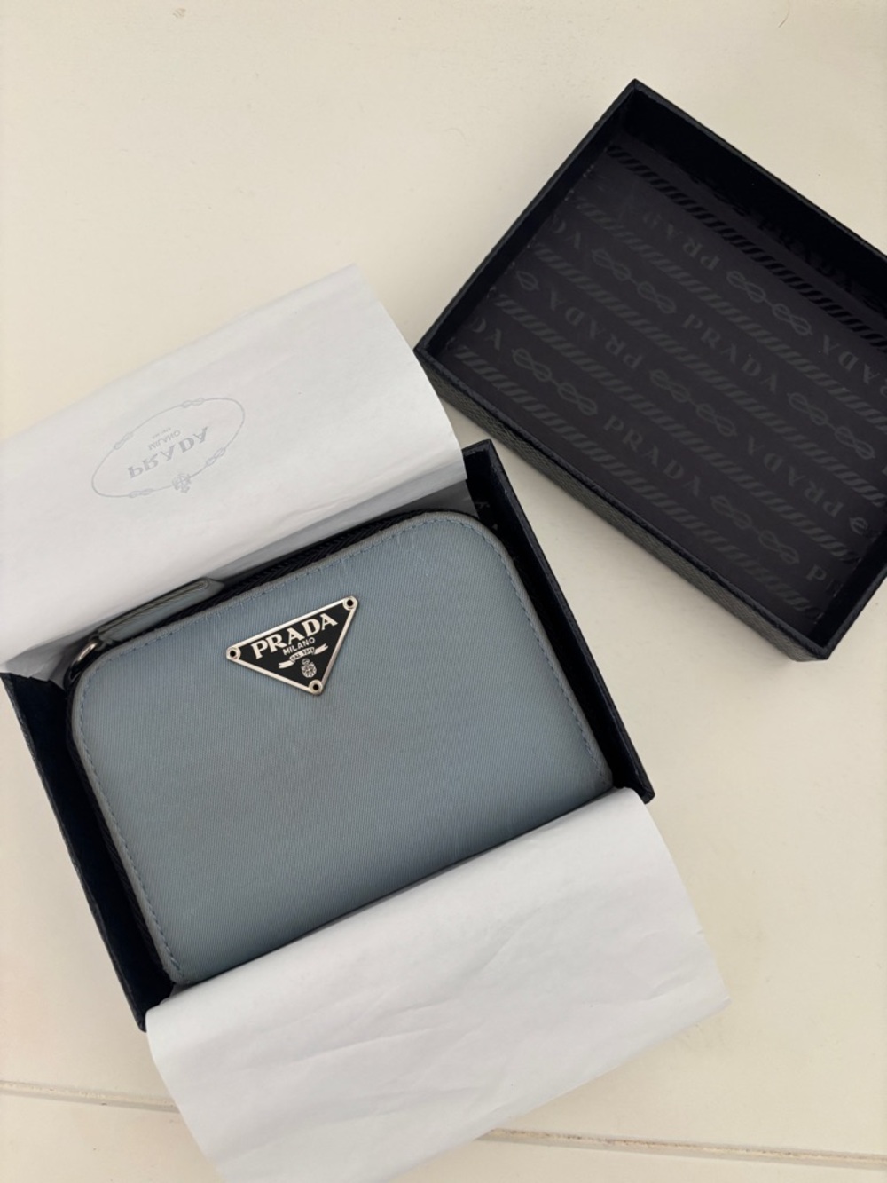 Prada Light Blue Nylon Zip Card Holder with Logo Plaque